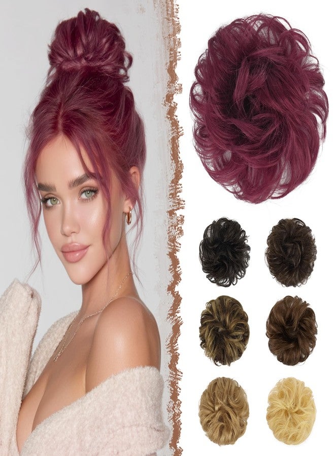 فيشبن فيشفين - وصلات شعر على شكل كعكة فوضوية مصنوعة من شعر بشري 100%، مع ربطات شعر حقيقية، ووصلات شعر ذيل حصان، وتسريحة شعر مموجة ومنسدلة، وقطع شعر شينيون للنساء، لون أحمر خمري - Image 1